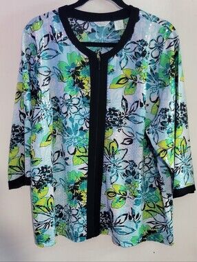 Laura Ashley Floral Zip-Front Jacket in Blue, Green & Black